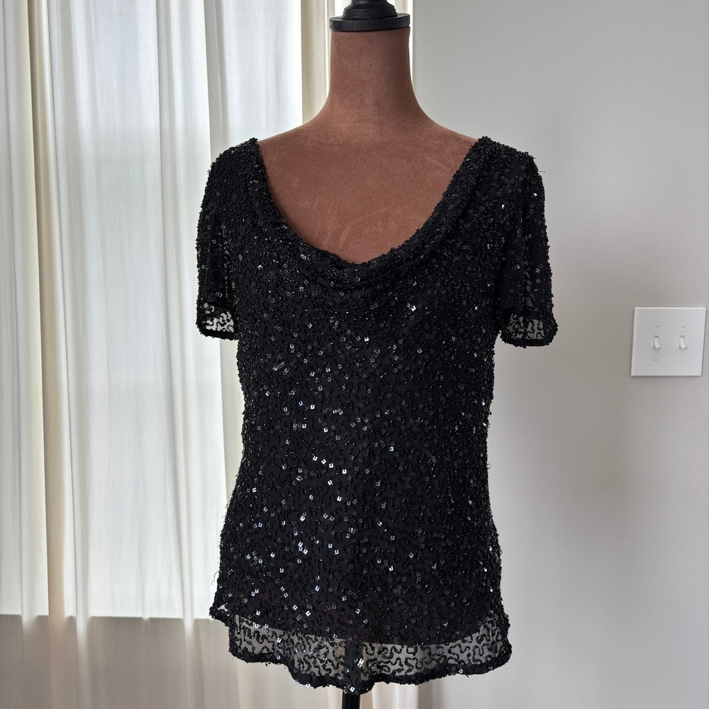 90s Vintage Papell 100% Silk Top PM Beaded Sequin Black Flutter Sleeve Romantic
